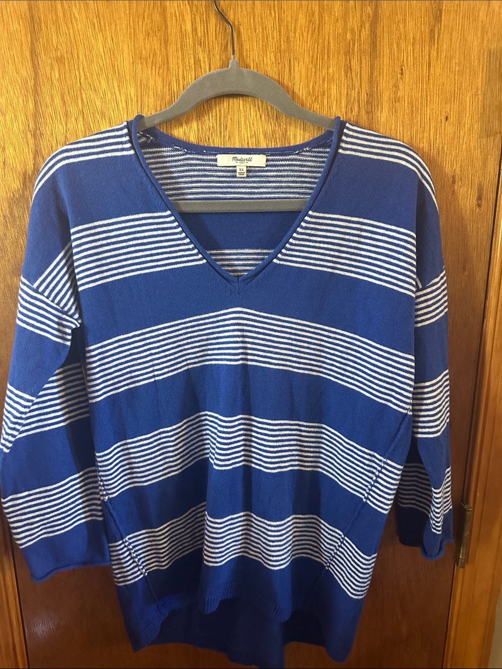 Madewell Blue and White Striped V-Neck Sweater